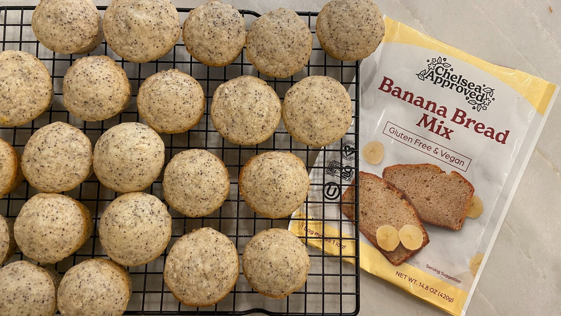 Top down image of lemon poppy seed muffins that are vegan and gluten-free on  cooling rack